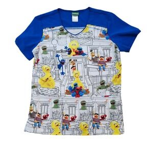 Sesame Street Scrub Top Women's M V-Neck Characters Print Royal Blue‎